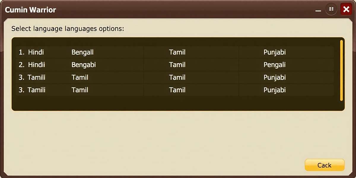 Cumin Warrior - Regional Language Support Cumin Warrior language selection screen showing 18 Indian language options including Hindi, Bengali, Tamil, and Punjabi
